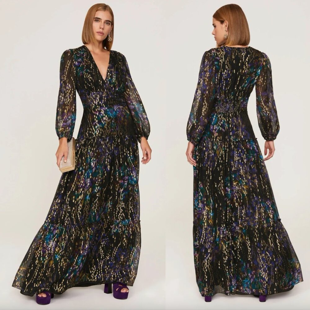 Shoshanna Madeline Gown in Black Georgette Metallic Gold Long Sleeve Maxi Dress